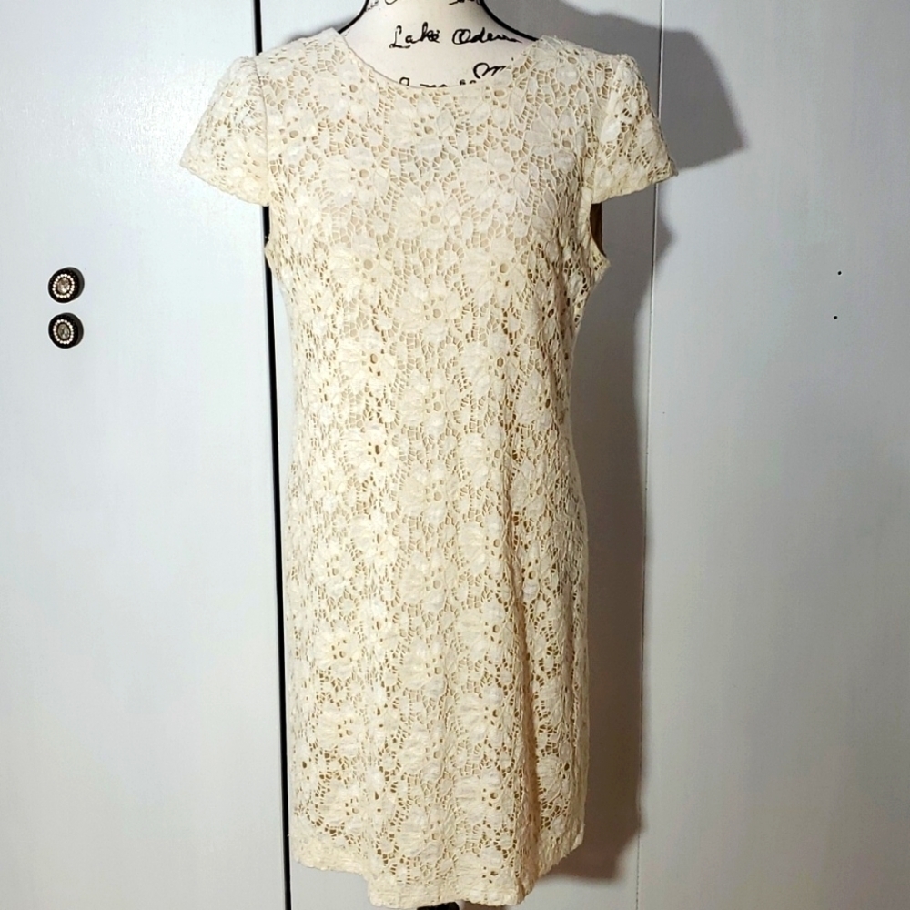 Suzi Chin-|Womens Cream Textured Lace Delicate Mini Dress Neutral Sz.6